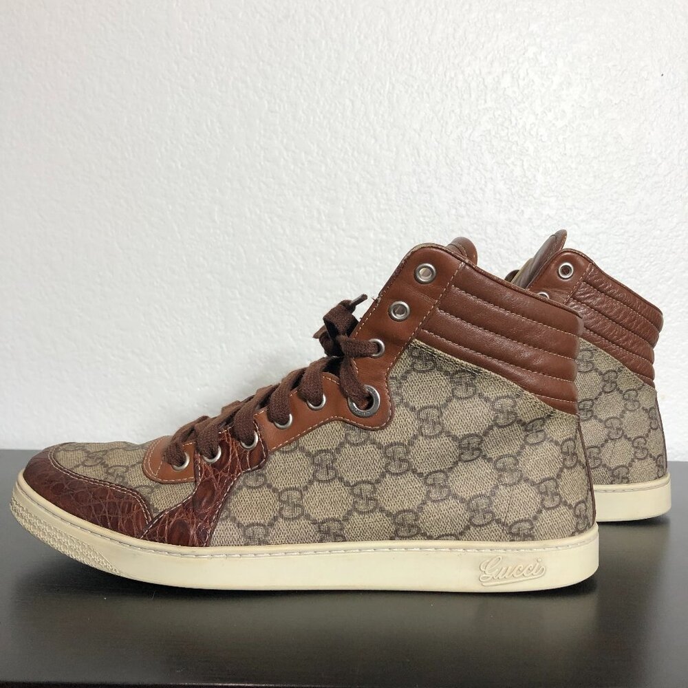SOLD Gucci 224778 GG Imprime High Top Authentic Brown Crocodile Trim Men’s 8.5 - Picture 2 of 13